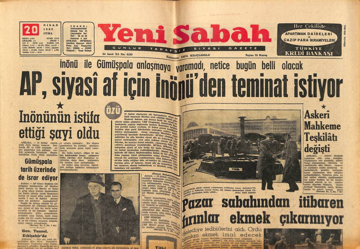Yeni Sabah Gazetesi 20 Nisan 1962 - Lübnan'da Türkiye İle İlgili Ticari Skandal - AP , Siyasi Af İçin İnönü'den Teminat İstiyor GZ148329 - 1