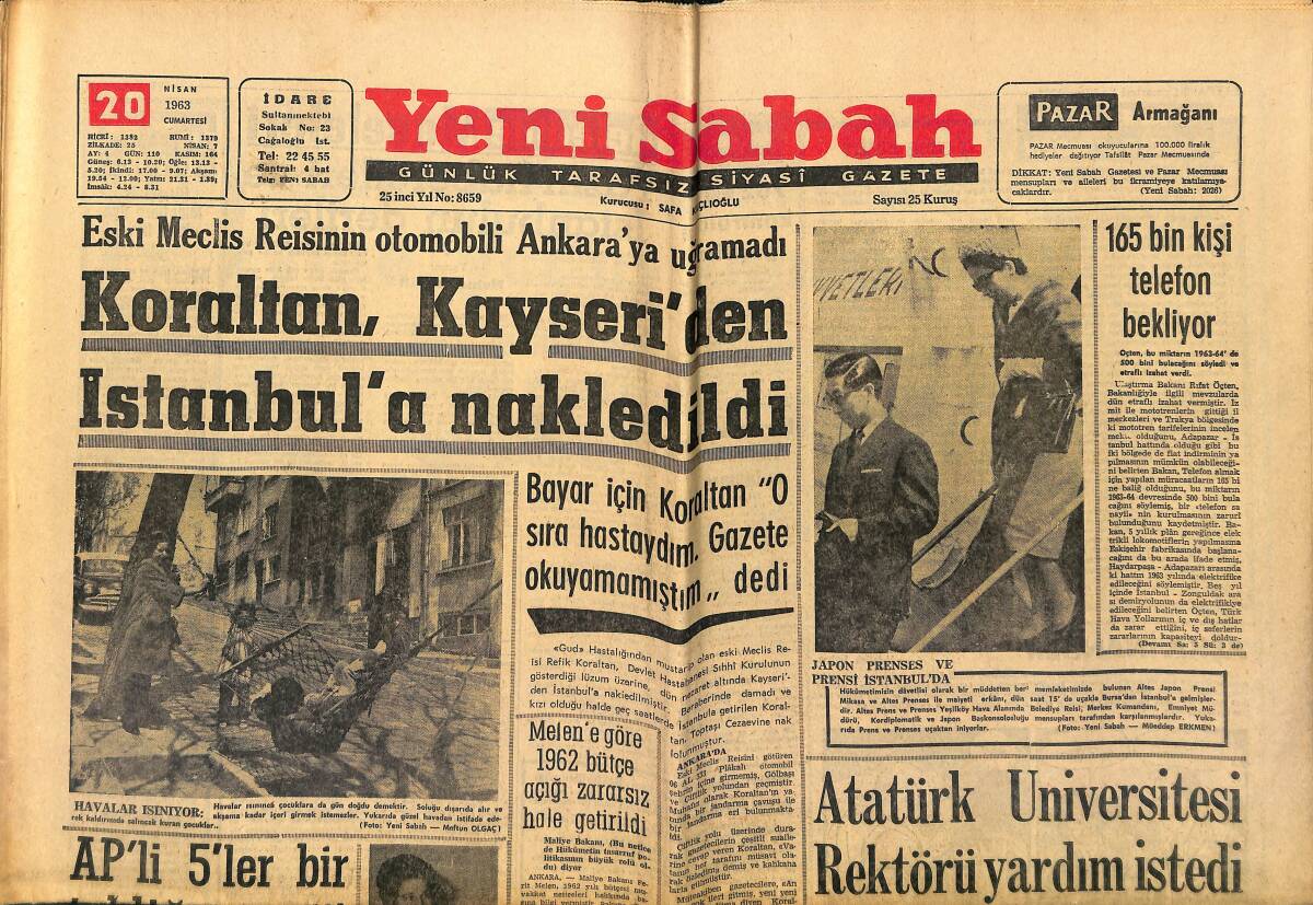 Yeni Sabah Gazetesi 20 Nisan 1963 - Mrs. Dulles İstanbul'da - 165 Bin Kişi Telefon Bekliyor GZ148344 - 1