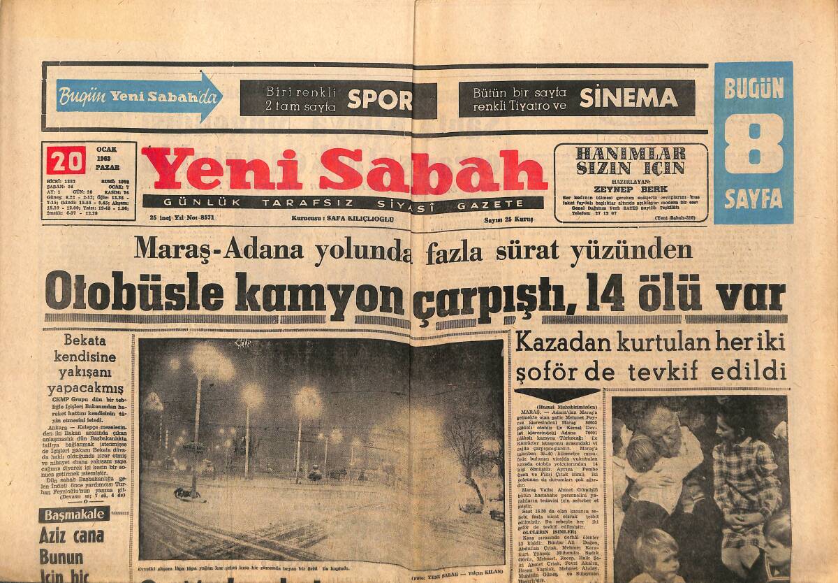 Yeni Sabah Gazetesi 20 Ocak 1963 - Galatasaray'ın Rakibi Milan Futbolcuları - Gülhane Parkındaki Dişi Aslan GZ148855 - 1