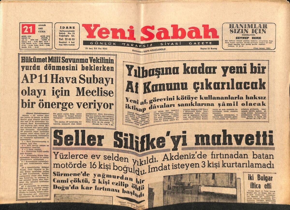 Yeni Sabah Gazetesi 21 Aralık 1962 - Futbolumuzun Prestiji Galatasaray'ın Elindedir - İnönü Fobisi GZ148870 - 1