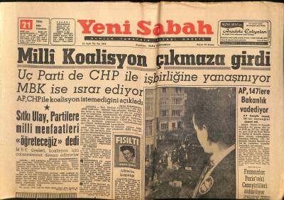 Yeni Sabah Gazetesi 21 Ekim 1961 - Yeşilköyde Bir Uçak Yakıtını Denize Boşalttı - Milli Koalisyon Çıkmaza Girdi GZ124164 - 1