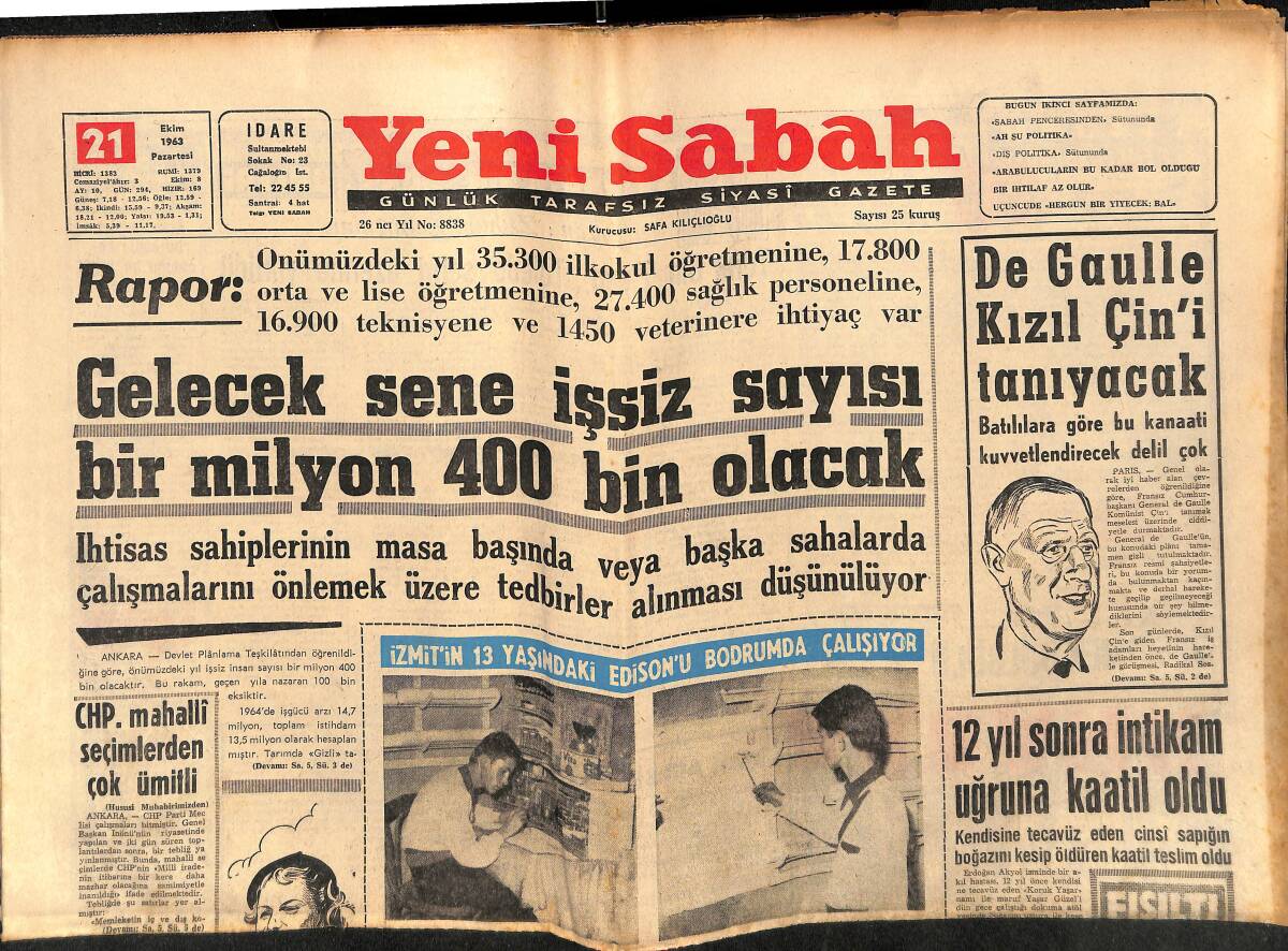 Yeni Sabah Gazetesi 21 Ekim 1963 - Galatasaray Hıncını Altın Ordu'dan Aldı - De Gaulle Kızıl Çin'i Tanıyacak GZ148849 - 1