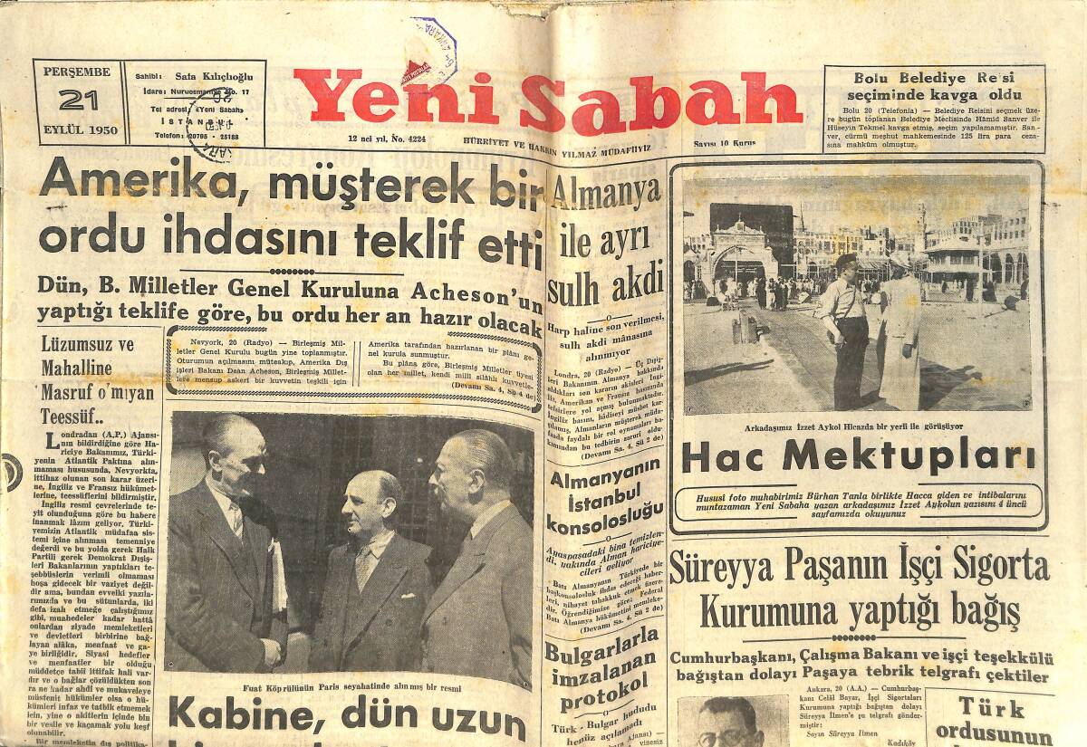 Yeni Sabah Gazetesi 21 Eylül 1950 - Süreyya Paşa'nın İşçi Sigorta Kurumuna Yaptığı Bağış - Almanya İle Ayrı Sulh Akdi GZ142310 - 1