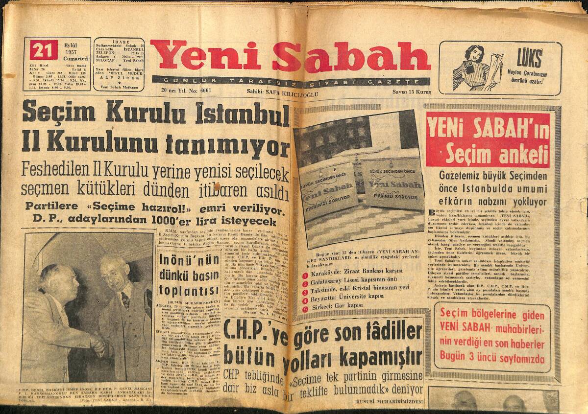 Yeni Sabah Gazetesi 21 Eylül 1957 - Metin Oktay İdarecilerle İhtilale Mi Düştü - İnönü Bugün Malatya'da Konuşacak GZ148488 - 1