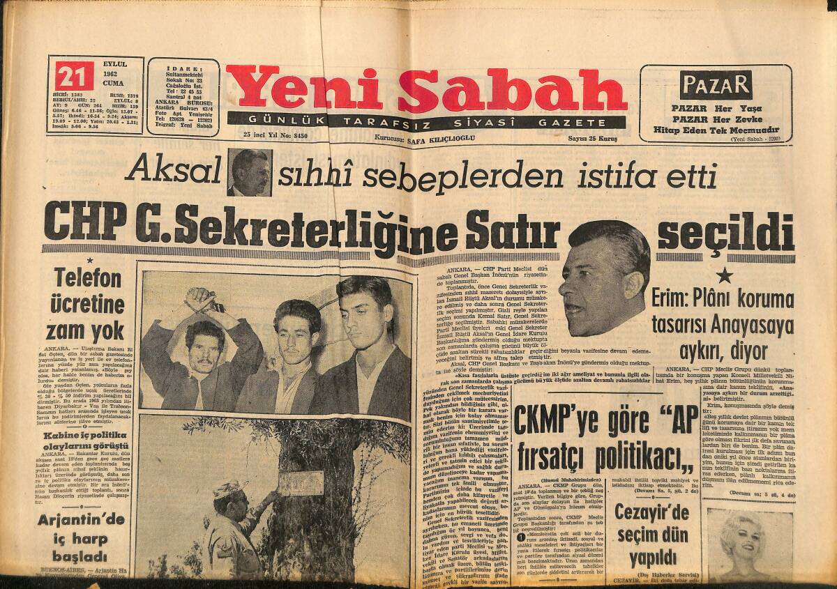 Yeni Sabah Gazetesi 21 Eylül 1962 - Bütün Takımlar Galatasaray'ı Yenmek İçin Oynayacak - İsrail Ve Mısır Birbirlerinden Alim Çalıyor GZ148262 - 1