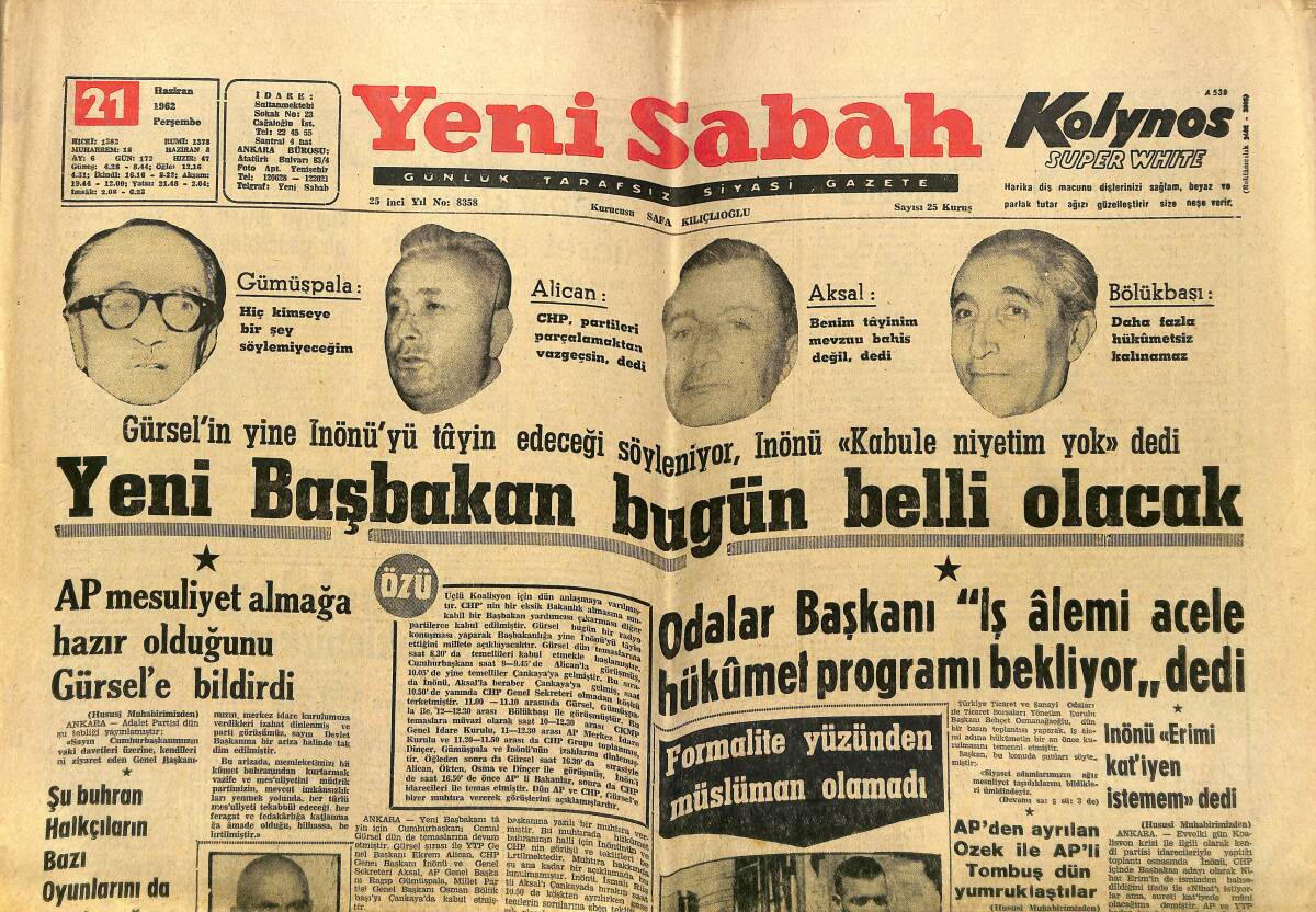 Yeni Sabah Gazetesi 21 Haziran 1962 - Fenerbahçeli Futbolcuların Kaderi Bugün Belli Oluyor - Galatasaray Beşiktaş Bu Gece Ankara'da Oynuyor GZ148270 - 1