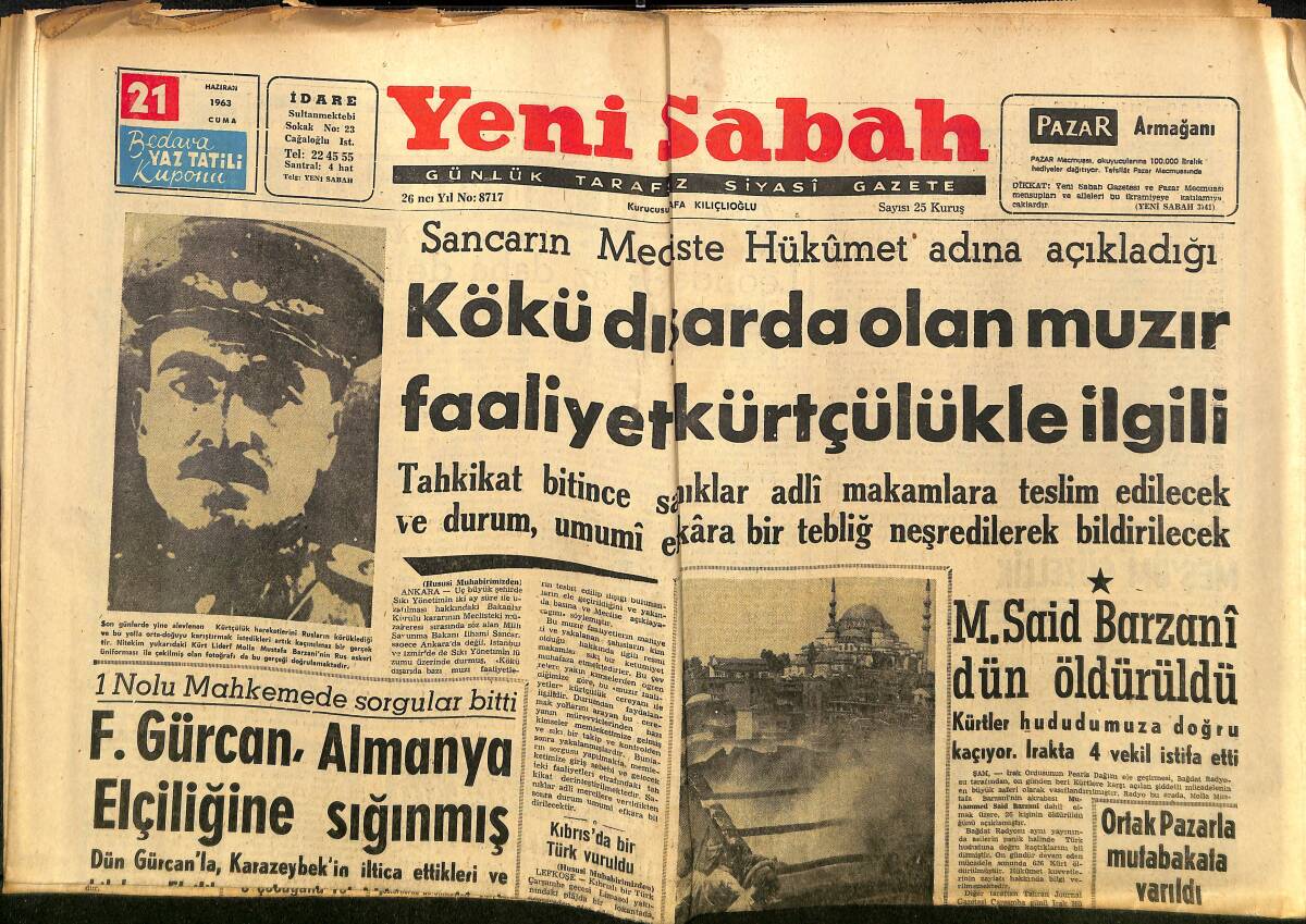 Yeni Sabah Gazetesi 21 Haziran 1963 - M. Said Barzani Dün Öldürüldü - En Fazla Para Getiren Meslek Kasaplık GZ148505 - 1