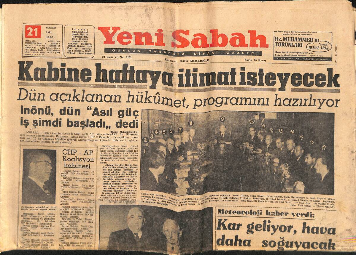 Yeni Sabah Gazetesi 21 Kasım 1961 - DP Rümuzlu Parti Açıldı - Şevket Mocan Vefat Etti GZ148381 - 1