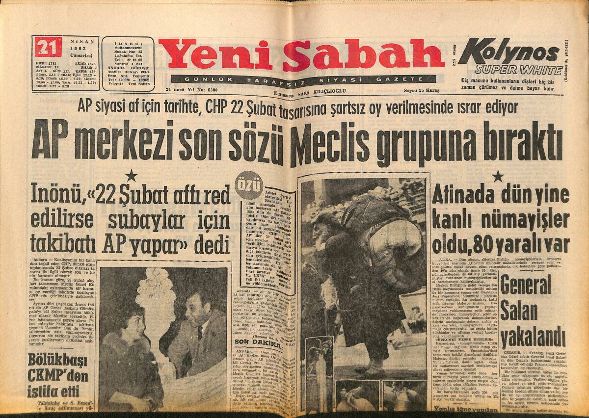 Yeni Sabah Gazetesi 21 Nisan 1962 - AP Merkezi Son Sözü Meclis Grupuna Bıraktı - Peşte Kadrosu Dün Tespit Edildi GZ148324 - 1