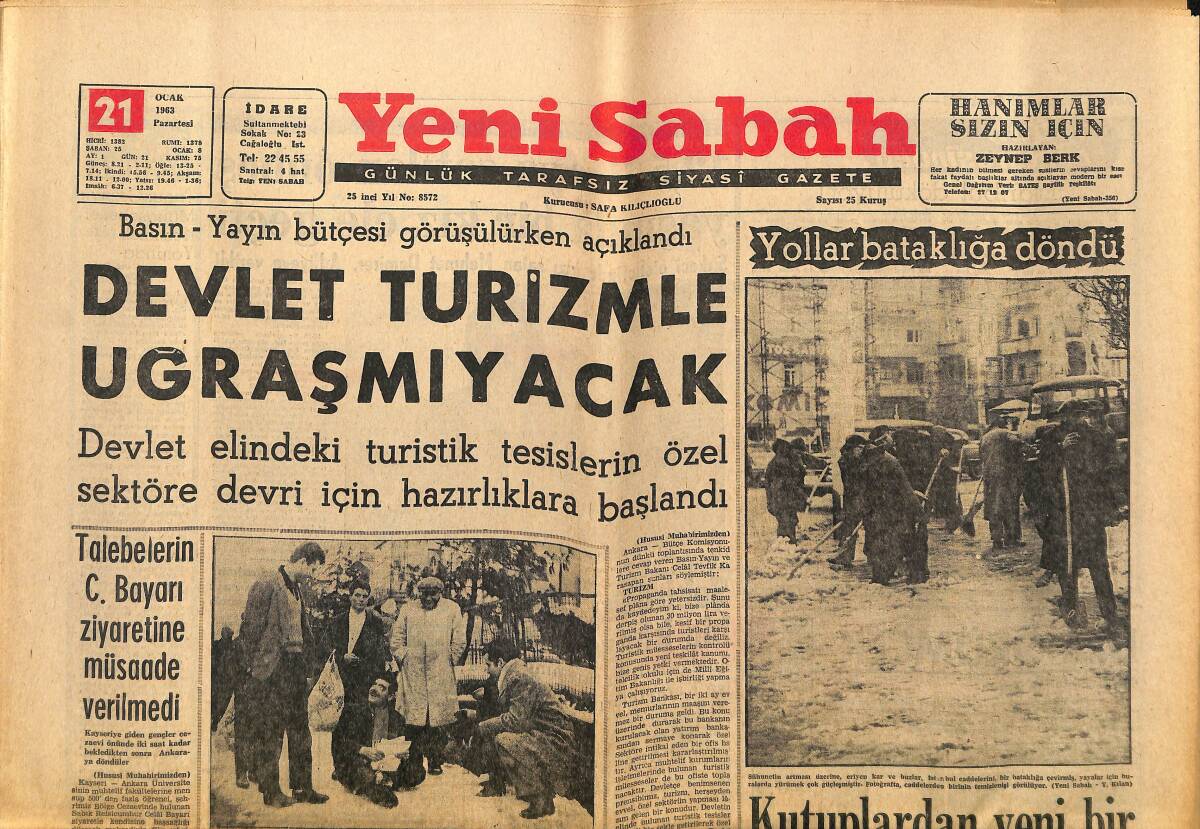 Yeni Sabah Gazetesi 21 Ocak 1963 - Keban Barajı İçin Almanya Kredi Açacak - Devlet Turizmle Uğraşmıyacak GZ148371 - 1