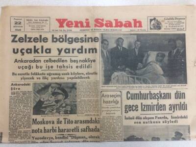 Yeni Sabah Gazetesi 22 Ağustos 1949 - Zelzele Bölgesine Uçakla Yardım GZ52203 - 1