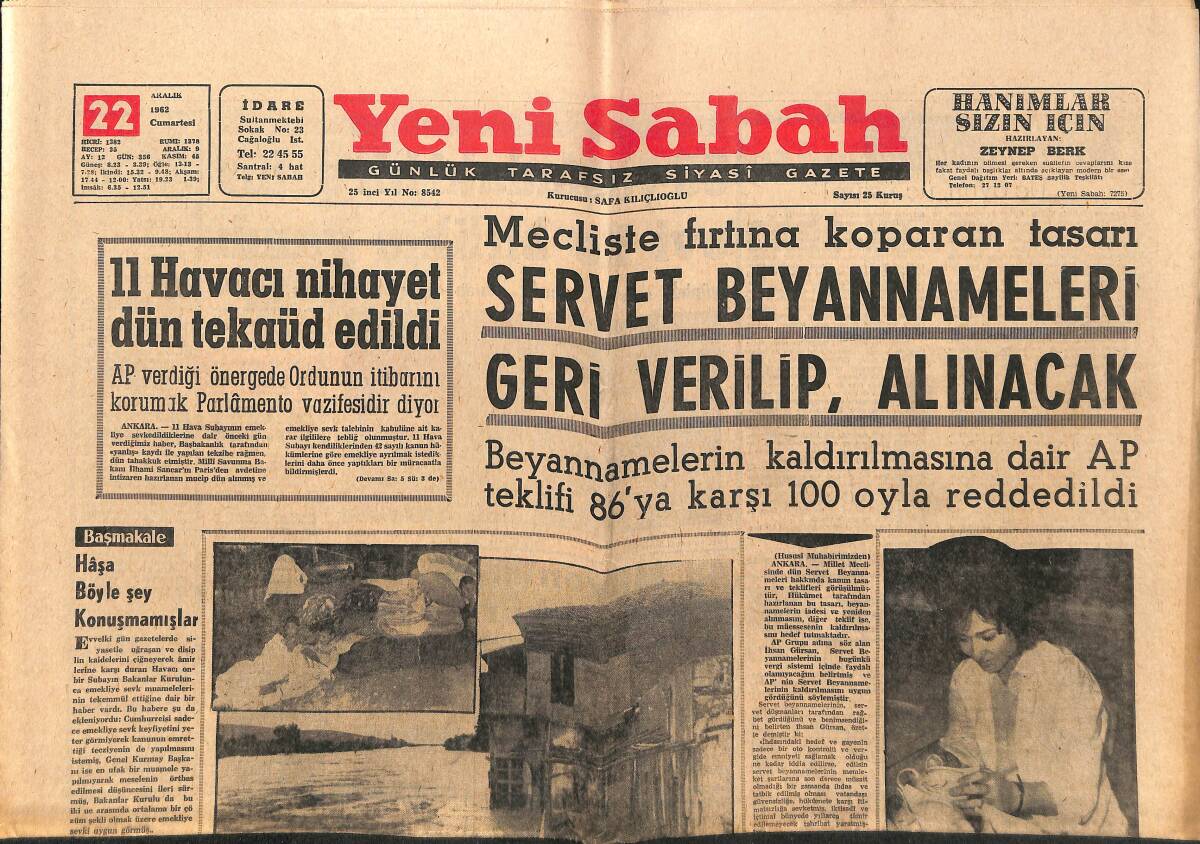 Yeni Sabah Gazetesi 22 Aralık 1962 - Casus Lawrence Filmi Türkleri Çok Kötülüyor - Can Bartu İle Quario Arasında İhtilaf Çıktı GZ148869 - 1