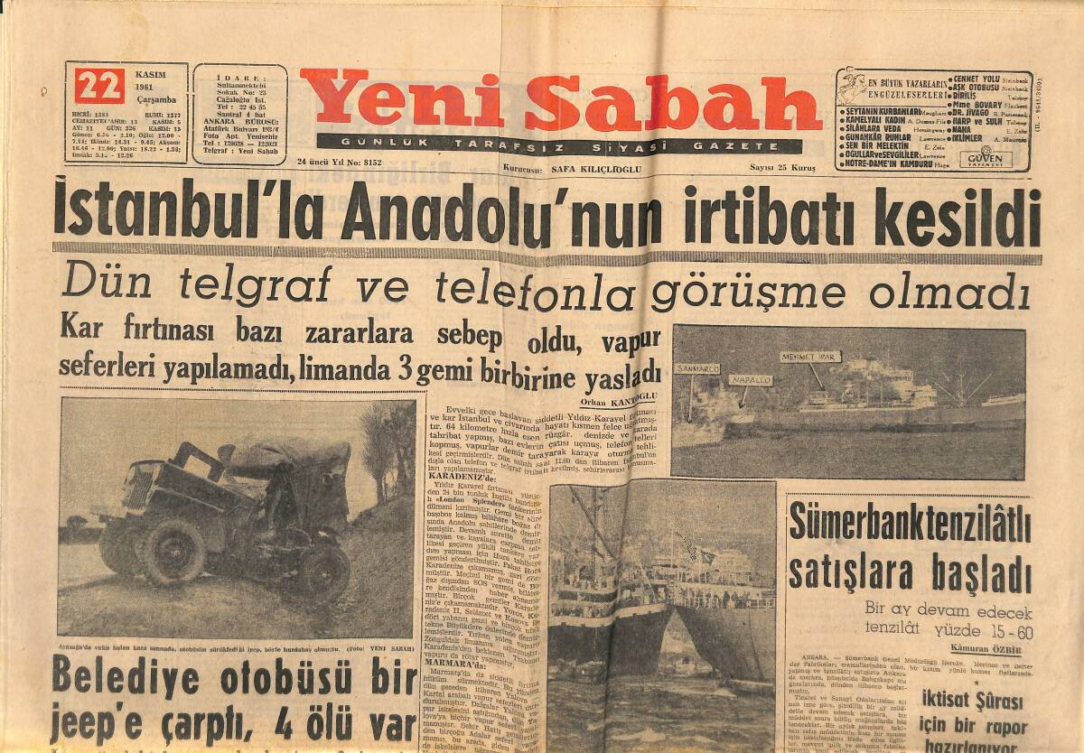 Yeni Sabah Gazetesi 22 Kasım 1961 - İstanbul'da Anadolu'nun İrtibatı Kesildi - Hintli Medyum Konuştu: Ayla Yaşıyor GZ148522 - 1
