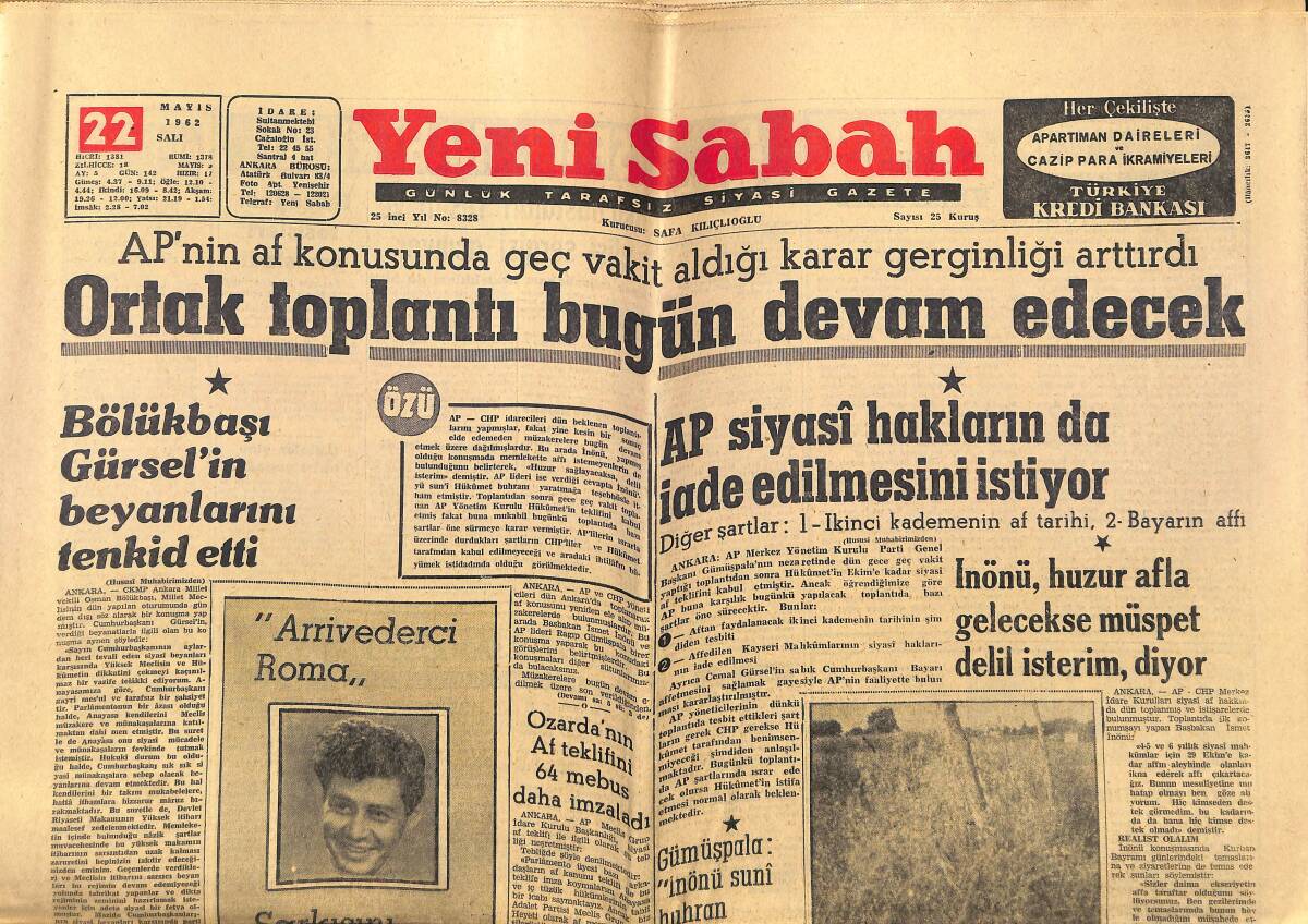 Yeni Sabah Gazetesi 22 Mayıs 1962 - Cezayir'de Müslüman Mahallesi Bombalandı - Ligin Kader Maçı Galatasaray Fenerbahçe GZ148259 - 1