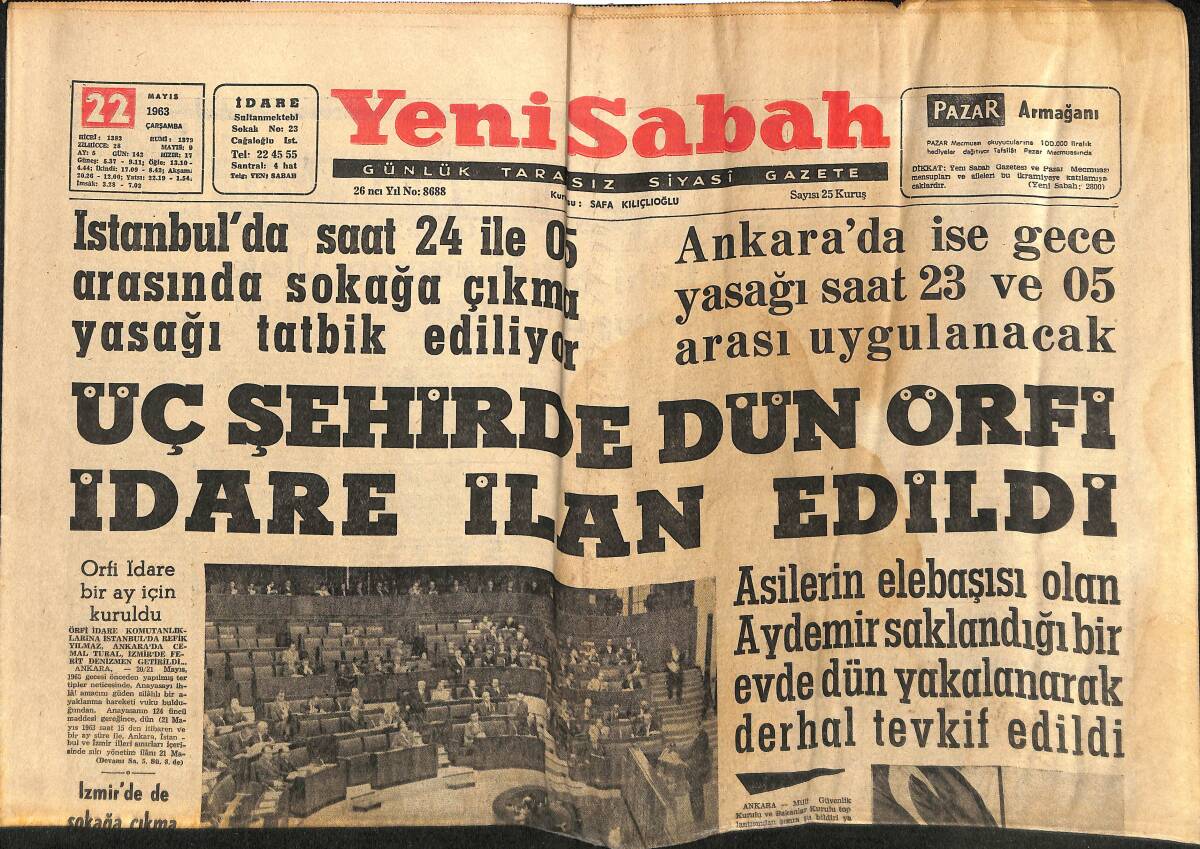 Yeni Sabah Gazetesi 22 Mayıs 1963 - Gazeteler İkinci Baskı Yapmıyacak - Galatasaray İzmir Maçları İçin Tedbir İstiyor GZ148416 - 1