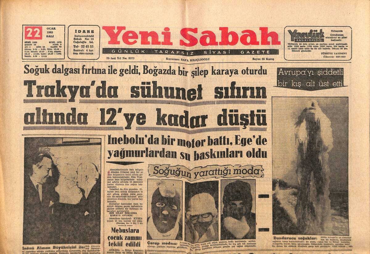 Yeni Sabah Gazetesi 22 Ocak 1963 - Richard Burton, Liz'le Gezerken Dayak Yedi - Amerika'daki Bir Türk Kızı Basketbol Kraliçesi Seçildi GZ148858 - 1