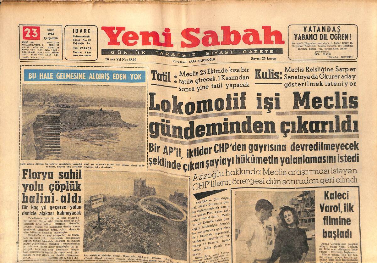 Yeni Sabah Gazetesi 23 Ekim 1963 - Florya Sahil Yolu Çöplük Halini Aldı - Türkan Şoray Şişmanlıyor GZ148850 - 1