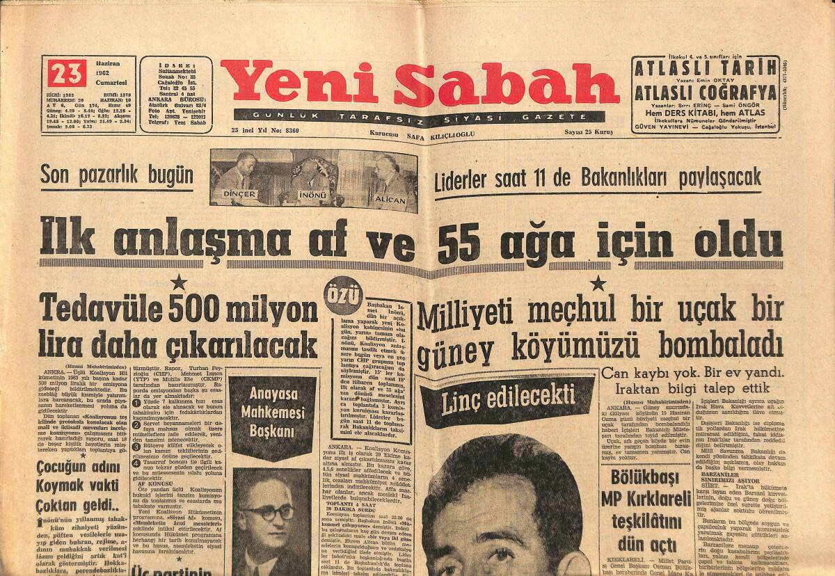 Yeni Sabah Gazetesi 23 Haziran 1962 - Prenses Grace'in Yeni Projesi - Edirne'nin Fethinin 600. Yıldönümü Dün Kutlandı GZ148868 - 1