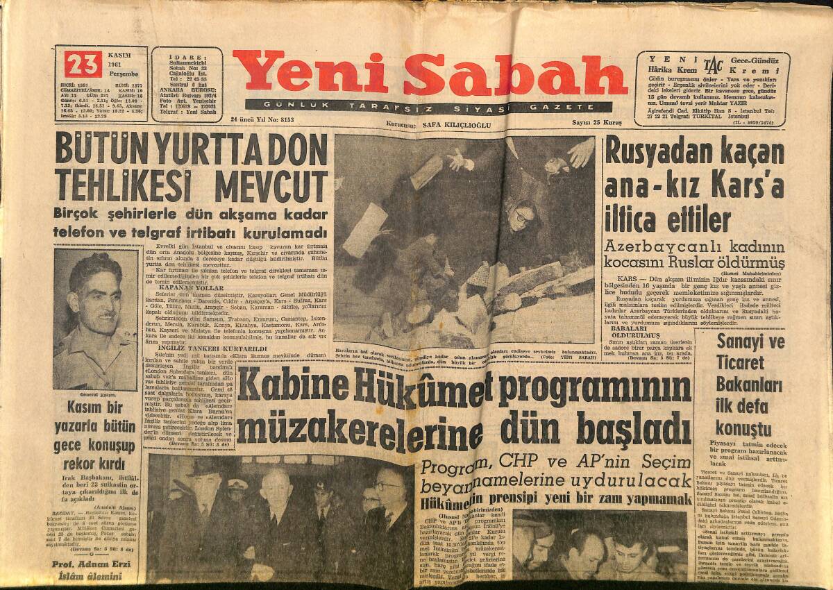 Yeni Sabah Gazetesi 23 Kasım 1961 - Çamlıcalı Kızlar 2-0 Erenköylü Kızlar - AP'li Nebahat GZ148521 - 1