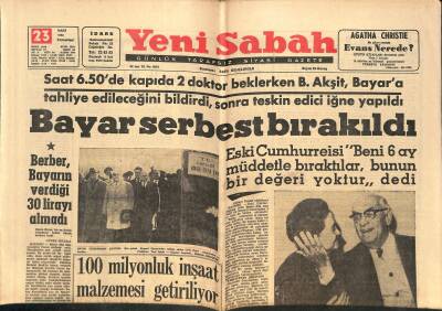 Yeni Sabah Gazetesi 23 Mart 1963 - Bayar Serbest Bırakıldı - PTT , Hat Bakım Ücretlerini Mahkemesiz İade Etmiyor GZ124891 - 1