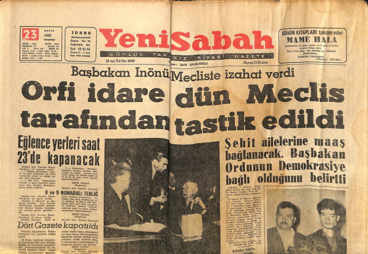 Yeni Sabah Gazetesi 23 Mayıs 1963 - Örfi İdare Dün Meclis Tarafından Tastik Edildi - Jayne Mansfield'in Çıplak Resmi Büyük Heyecan Yarattı GZ148415 - 1