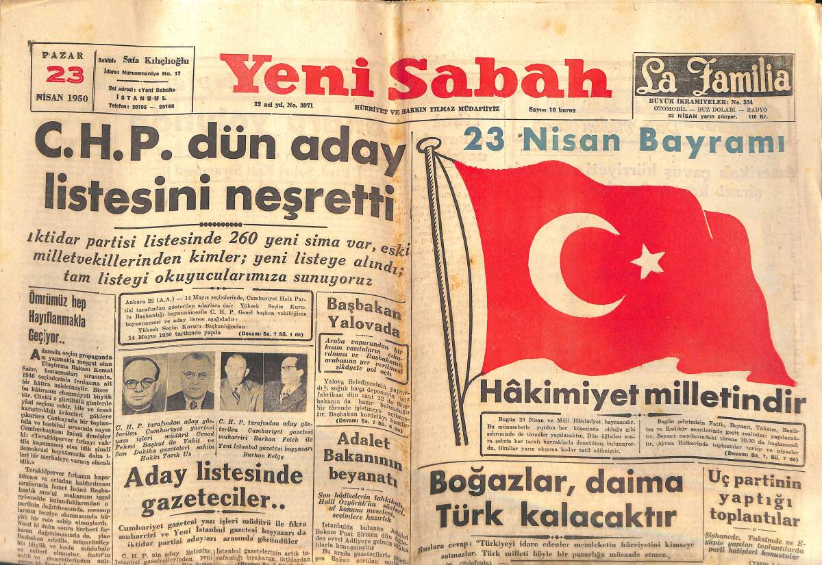 Yeni Sabah Gazetesi 23 Nisan 1950 - Boğazlar, Daima Türk Kalacaktır - Galatasaray-Fenerbahçe GZ146727 - 1