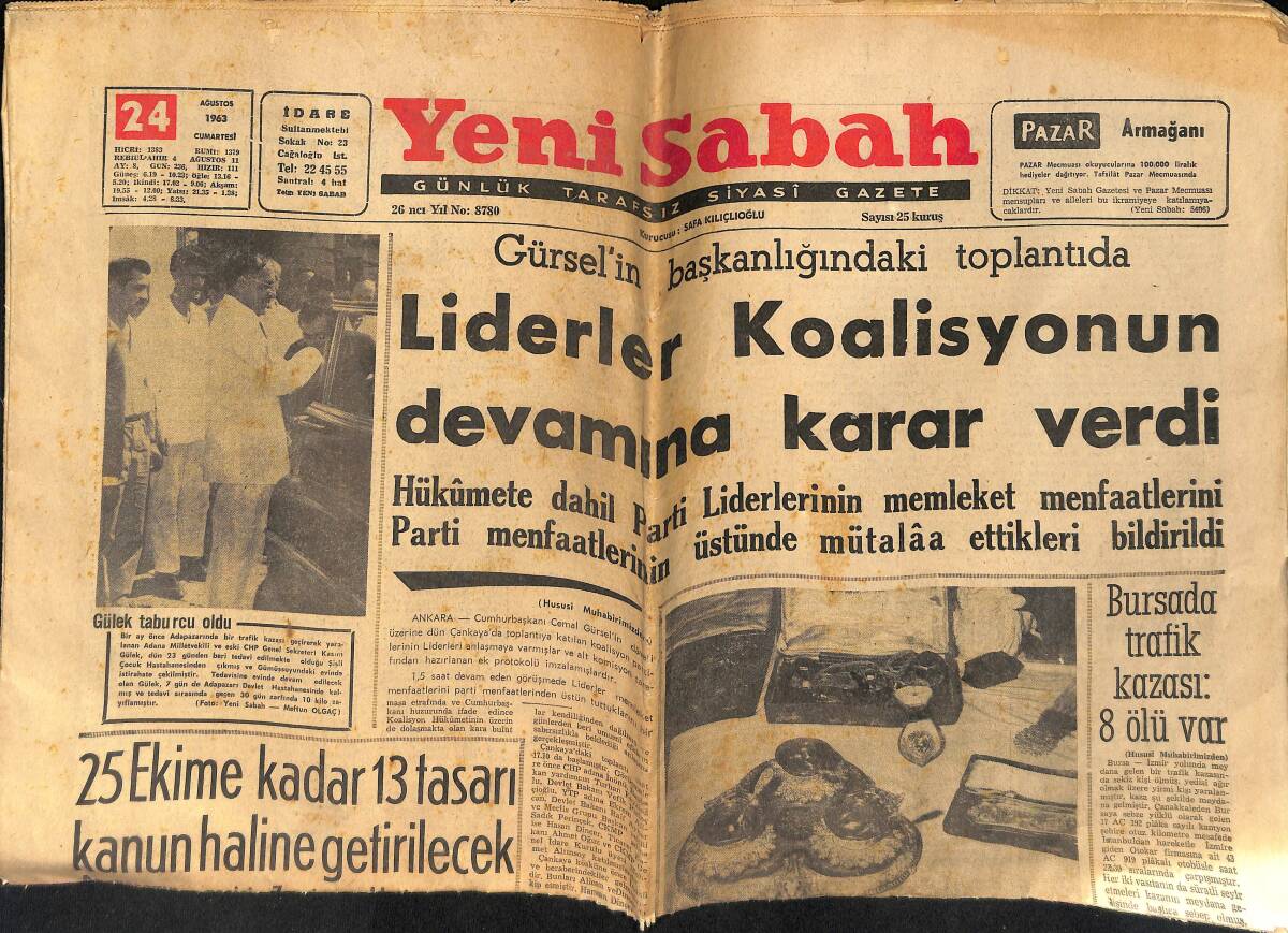 Yeni Sabah Gazetesi 24 Ağustos 1963 - Boyacıkköyü Kapri Gazinosunda Bir Kadın Erkeği Bıçakladı - 1963 Futbol Liginin İlk Devre Fikstürü GZ158955 - 1