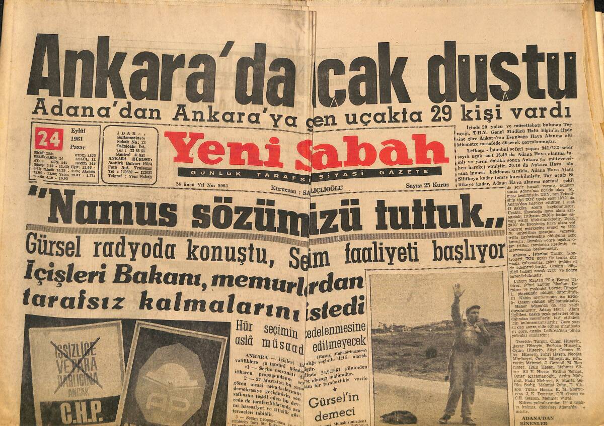 Yeni Sabah Gazetesi 24 Eylül 1961 - Ankara'da Uçak Düştü - İnönü 78 Yaşında GZ148367 - 1