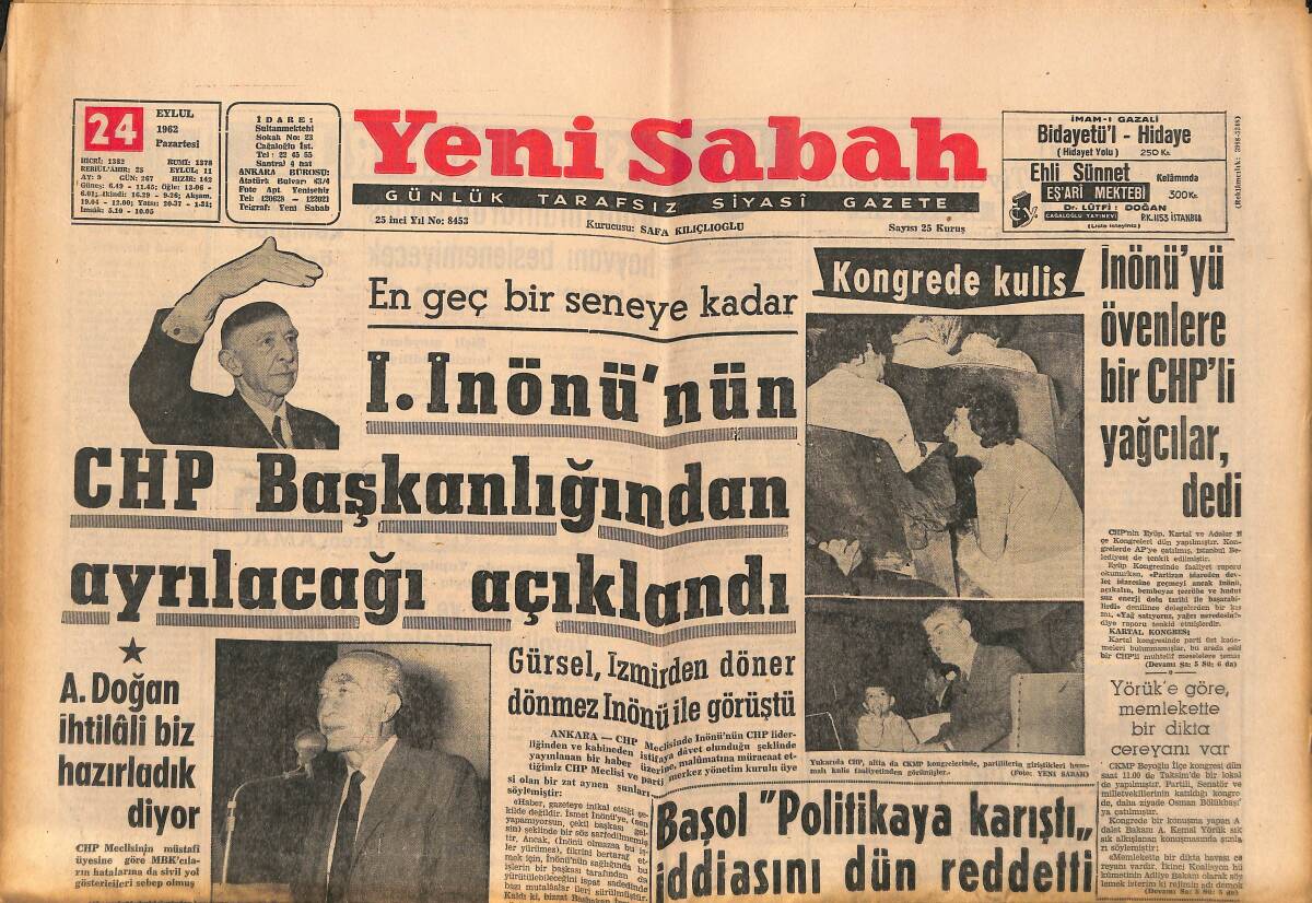Yeni Sabah Gazetesi 24 Eylül 1962 - Mardin Maarif Müdürü Soyuldu - Göksel Arsoy Arabası İle Yanacaktı GZ148684 - 1