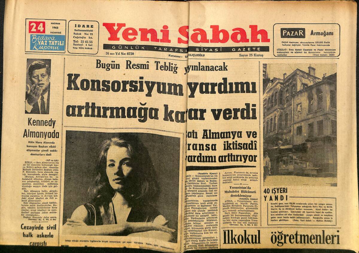 Yeni Sabah Gazetesi 24 Haziran 1963 - Christine Keeler Aşka İnanmıyor - Kennedy Almanya'da - Mualla Mukadder Radyoda GZ148504 - 1