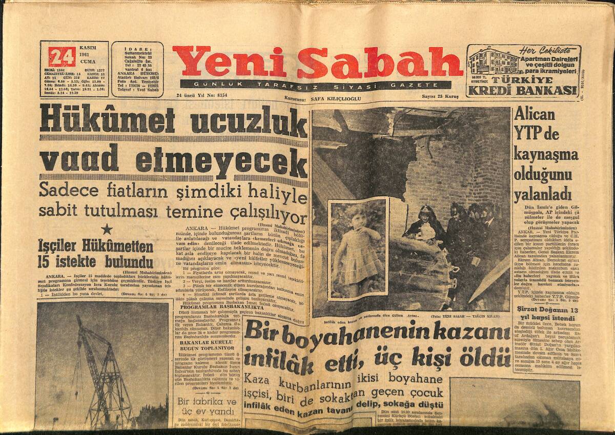 Yeni Sabah Gazetesi 24 Kasım 1961 - Sovyet Rusya Türkiye'ye Tecavüze Kalkarsa NATO Müdahale Edecek - Fenerbahçe'de Lefter Ve Hilmi Yok GZ148520 - 1