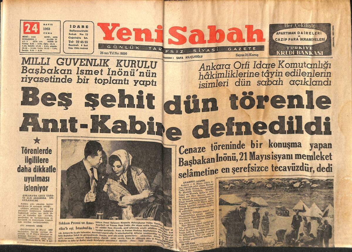 Yeni Sabah Gazetesi 24 Mayıs 1963 - Beş Şehit Dün Törenle Anıtkabir'e Defnedildi - İtalya'da Milan'ın Zaferi Kutlanıyor GZ148643 - 1