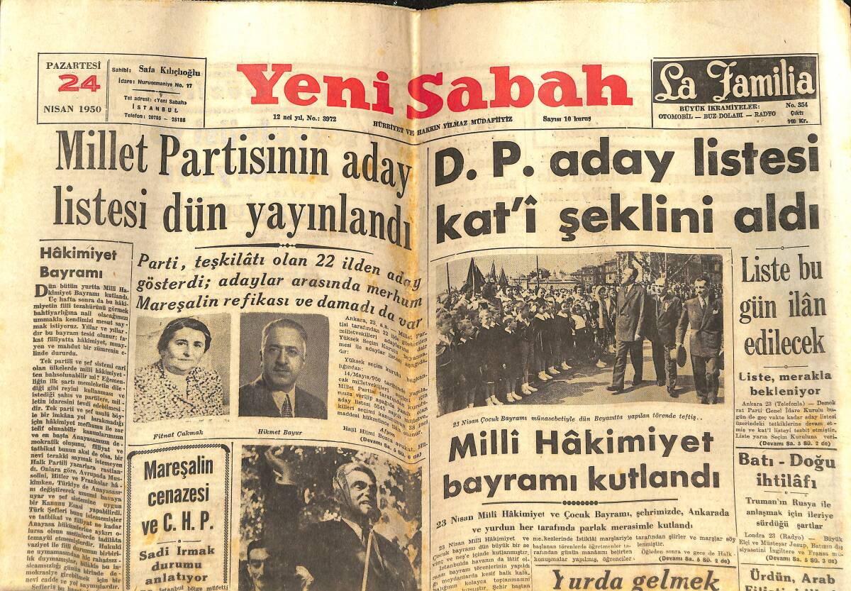 Yeni Sabah Gazetesi 24 Nisan 1950 - D.P. Aday Listesi Kat'i Şeklini Aldı - Batı-Doğu İhtilâfı GZ142425 - 1