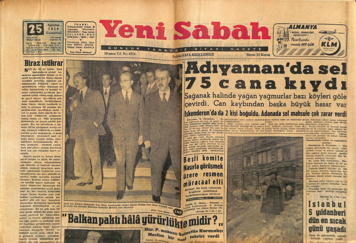 Yeni Sabah Gazetesi 25 Ağustos 1956 - Adıyaman'da Sel 75 Cana Kıydı - Türk-İran Demiryolları 3 Senede Birleşecek GZ148374 - 1