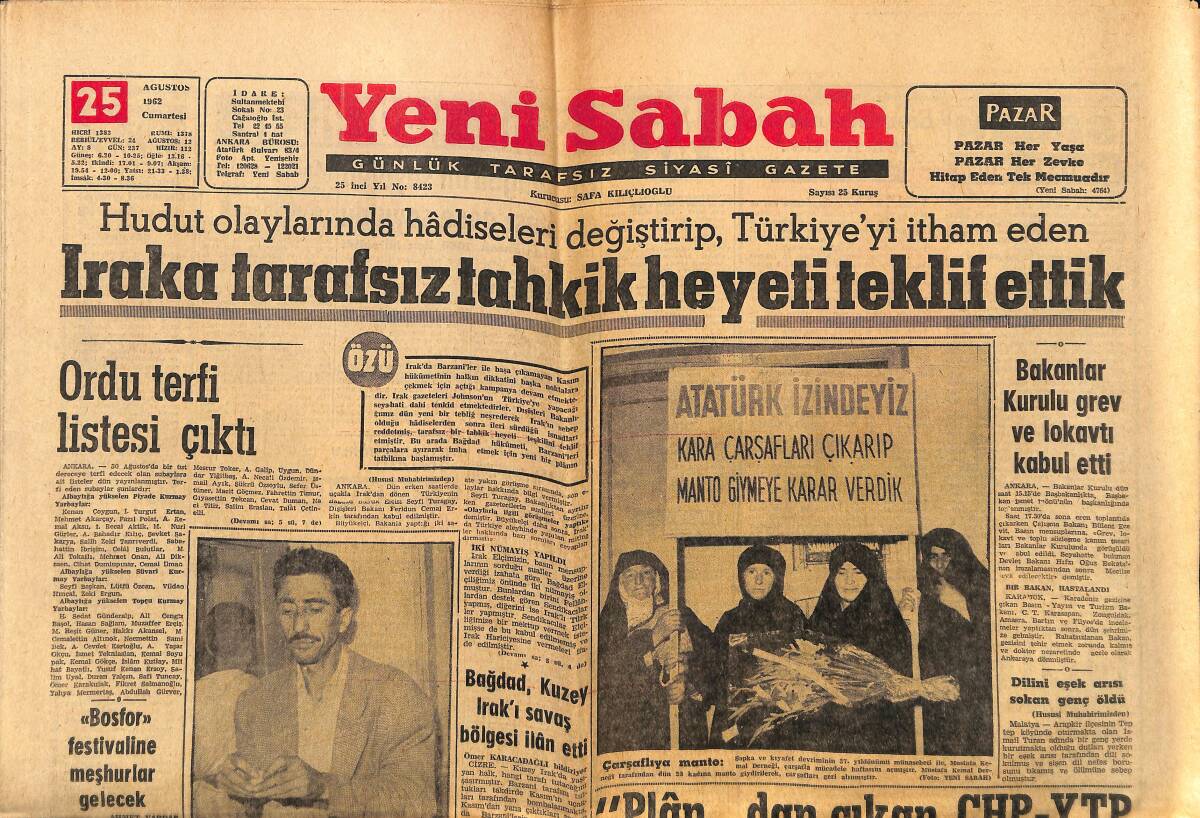Yeni Sabah Gazetesi 25 Ağustos 1962 - Filtreli Sigaralar da Cilt Kanseri Yapıyor - Irak'a Tarafsız Tahkik Heyeti Teklif Ettik GZ148408 - 1