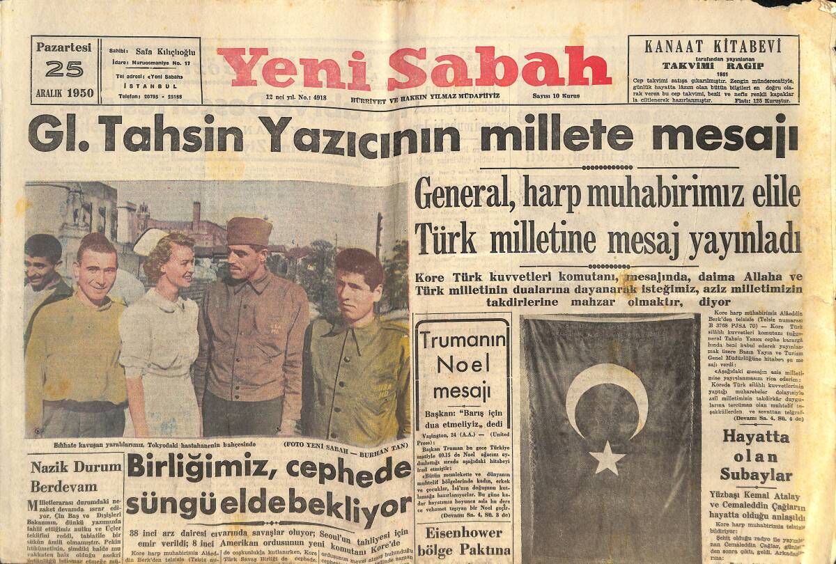 Yeni Sabah Gazetesi 25 Aralık 1950 - Sıhhate Kavuşan Yaralılarımız Tokyo'daki Hastanenin Bahçesinde - General Şahap Gürler Tokyo'ya Gitti GZ146761 - 1