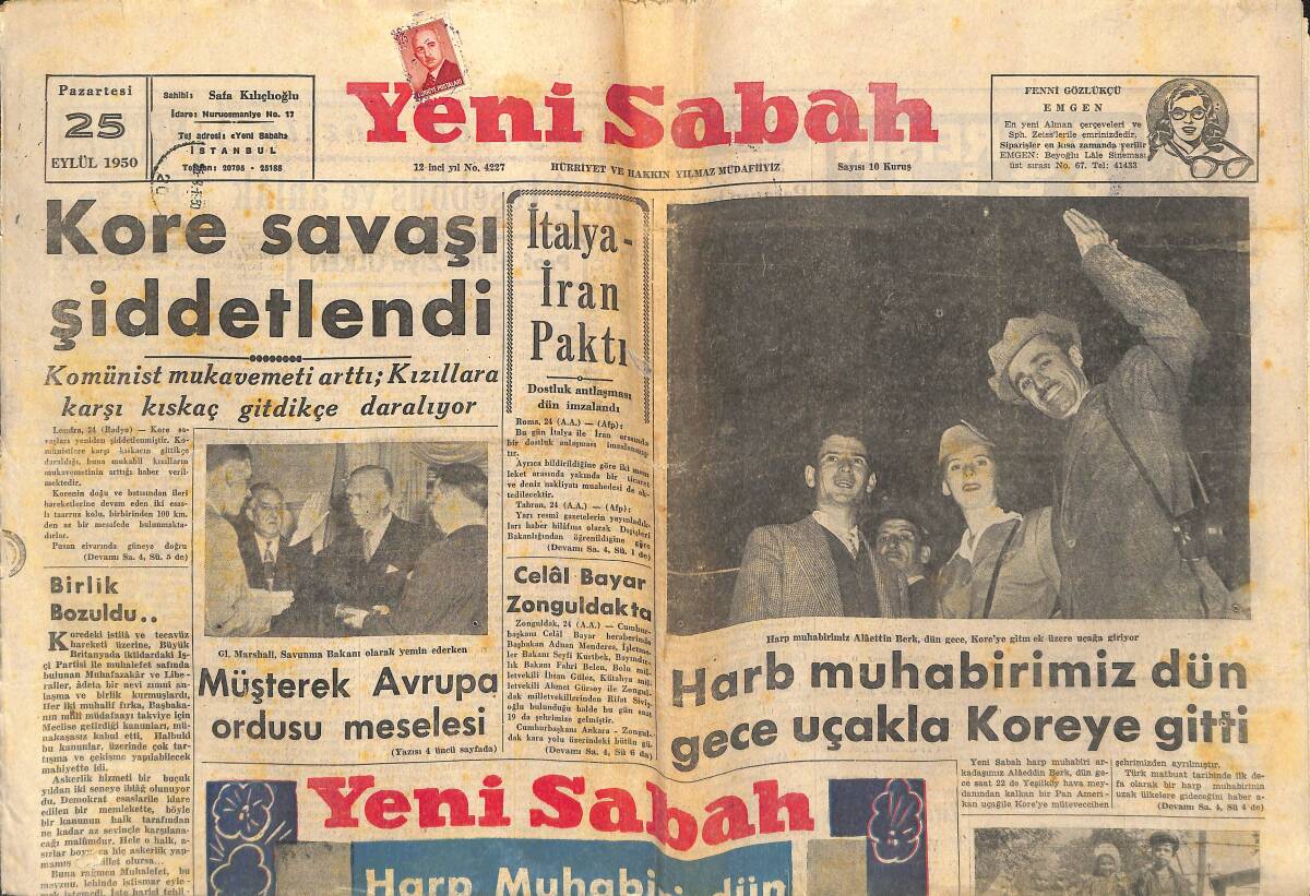 Yeni Sabah Gazetesi 25 Eylül 1950 - Kore Savaşı Şiddetlendi - İtalya-İran Paktı - Harb Muhabirimiz Dün Gece Uçakla Kore'ye Gitti GZ141422 - 1
