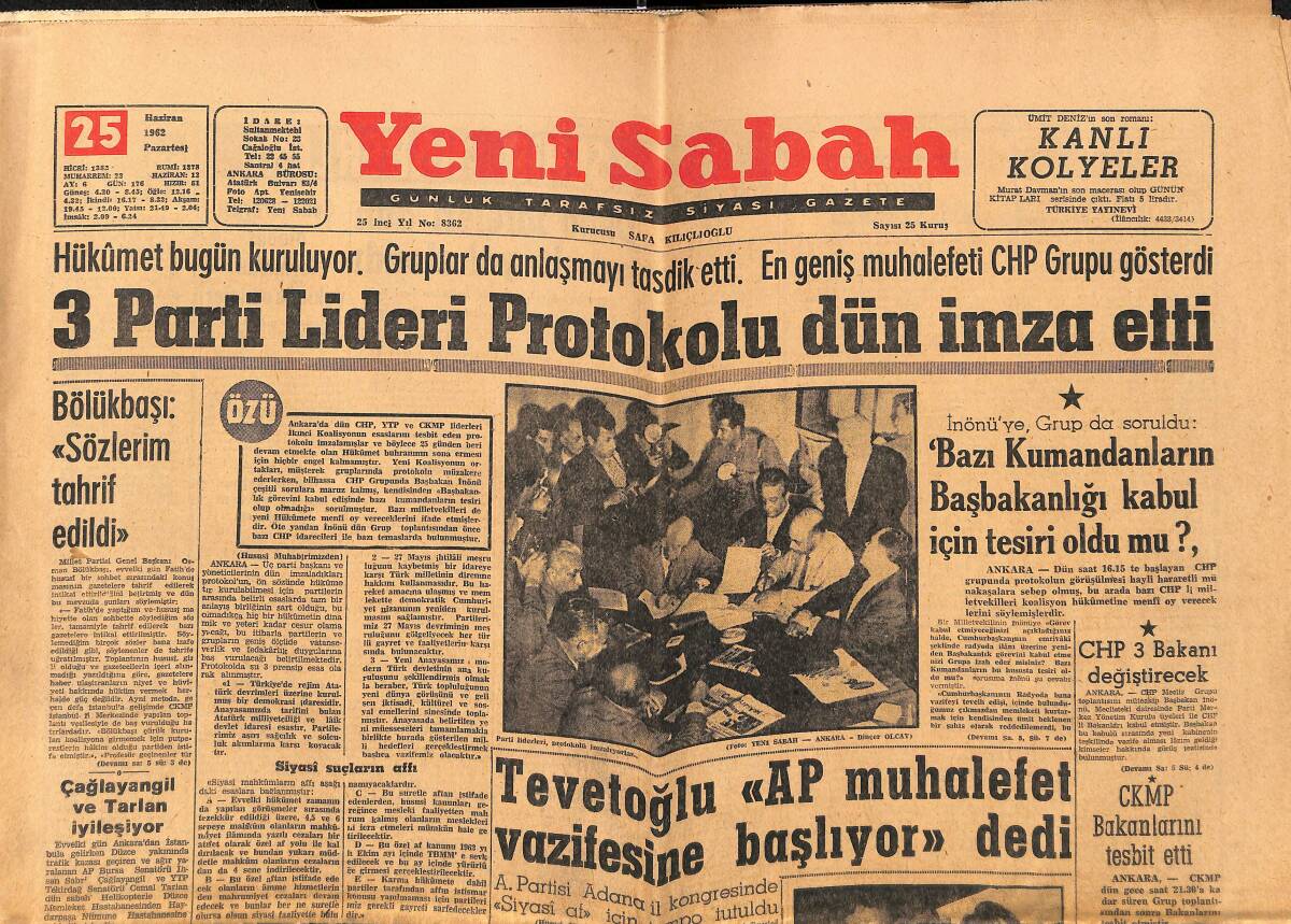 Yeni Sabah Gazetesi 25 Haziran 1962 - Kırkpınar'da Başpehlivan Belli Olmadı - Ayten'in Mektupları İle İlgili 3 Kişi Dün Serbest Bırakıldı GZ148874 - 1