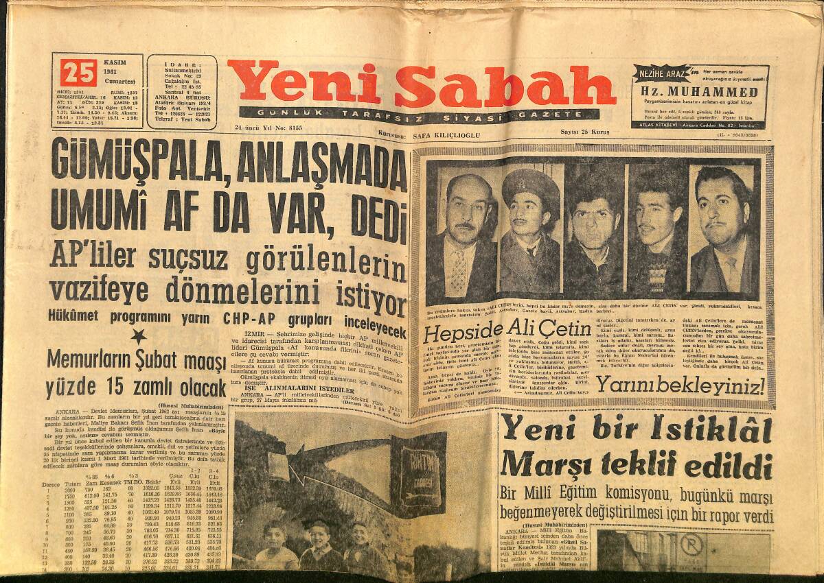Yeni Sabah Gazetesi 25 Kasım 1961 - Can, Fiorentina'ya Söz Verdim Diyor - İsmet İnönü'nün Evinde Tarihi Eserler Yanmış GZ148519 - 1