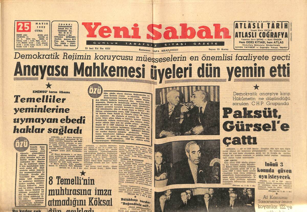 Yeni Sabah Gazetesi 25 Mayıs 1962 - Fenerbahçe Galatasaray'ı Yendi - Carpenter Fezada - Bizans Hazinesi Gülhane Parkında Gömülüymüş GZ148854 - 1