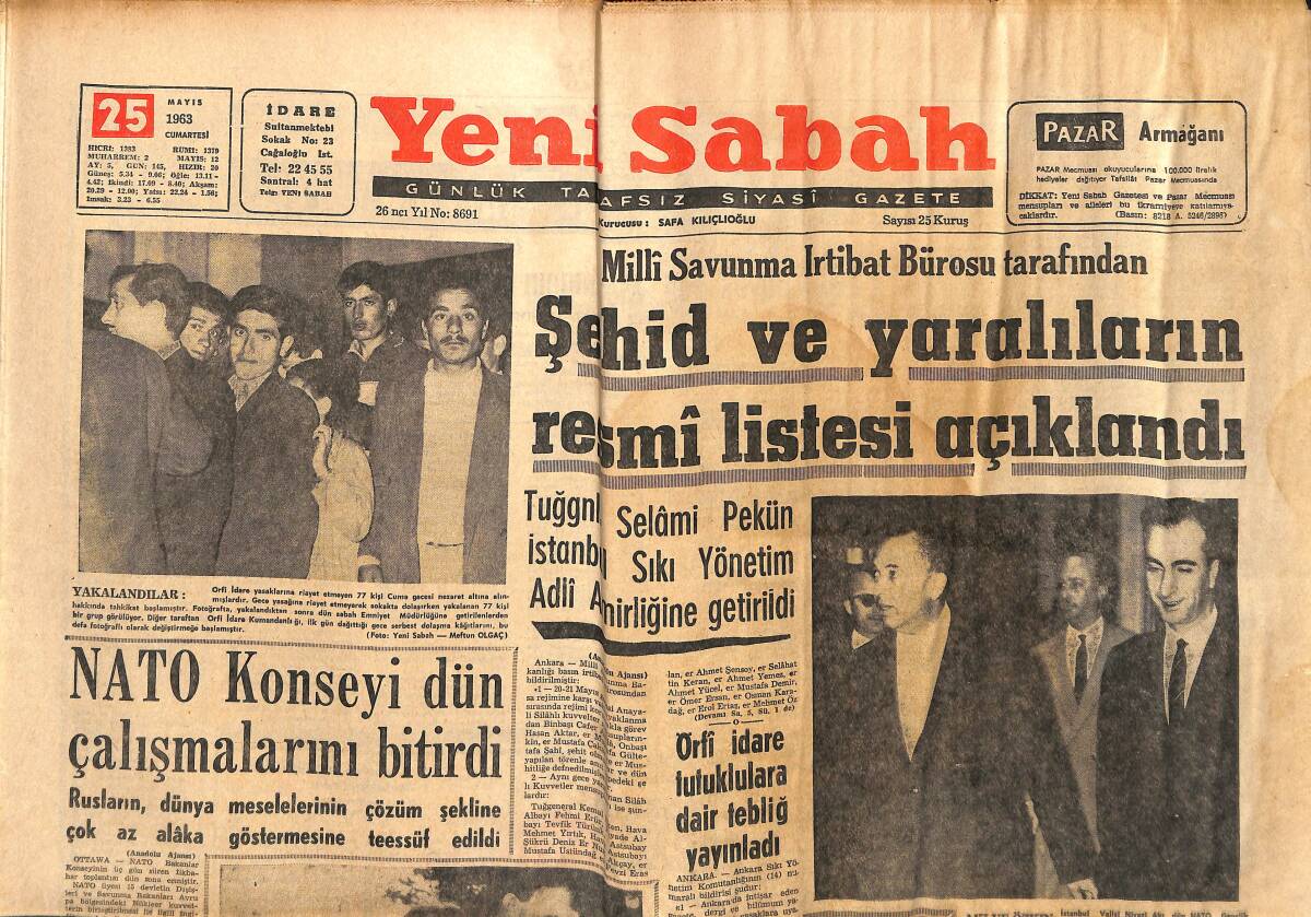 Yeni Sabah Gazetesi 25 Mayıs 1963 - Yıldız Asena Olayı İçin Keşif Yapıldı - Can, Venezia'da Yarın Son Maçını Oynuyor GZ148644 - 1
