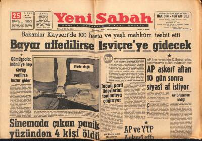 Yeni Sabah Gazetesi 25 Nisan 1962 - Bayar Affedilirse İsviçreye Gidecek - A. Tansısevergilin Babası Korku İçinde GZ124056 - 1