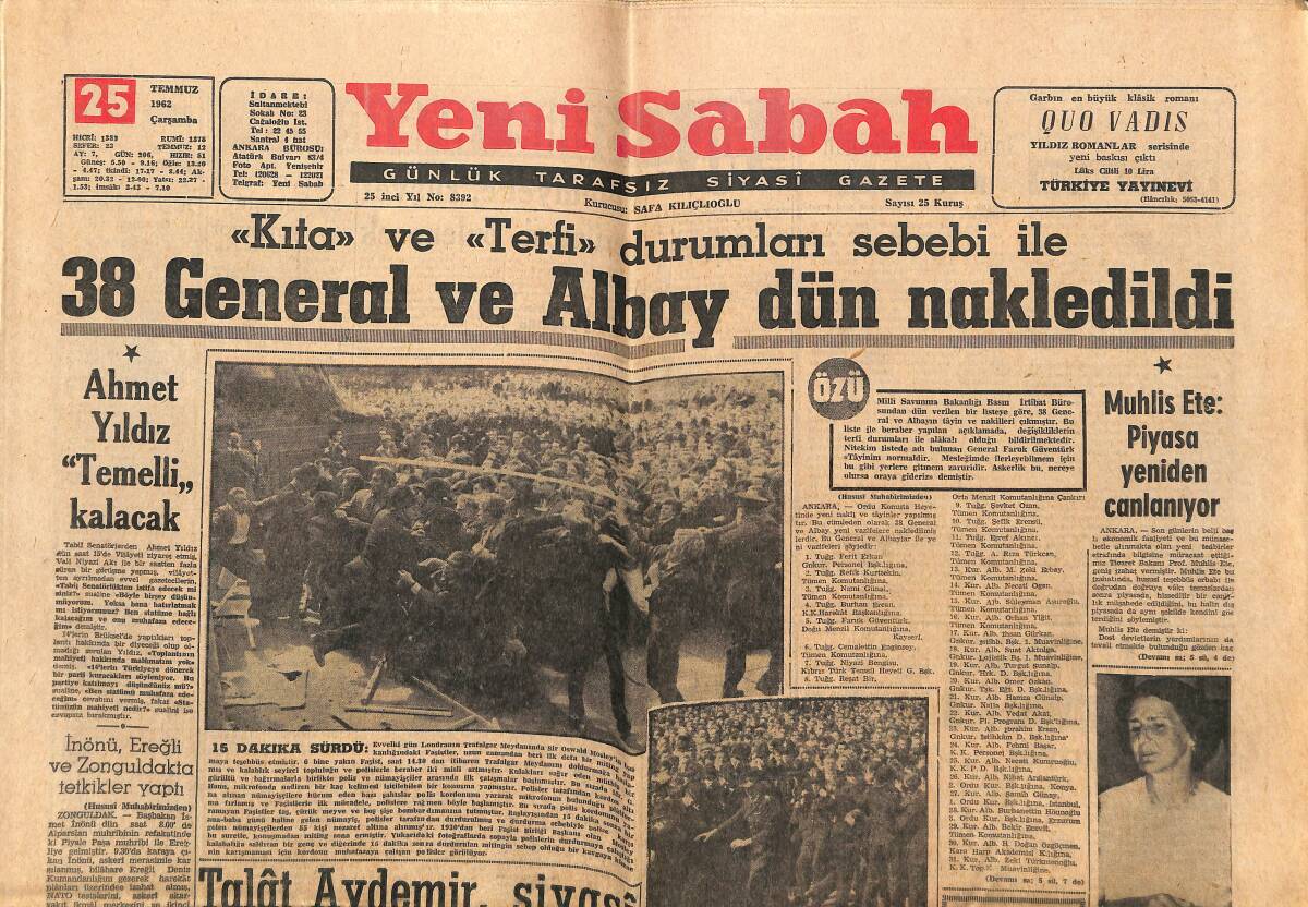Yeni Sabah Gazetesi 25 Temmuz 1962 - Metin Oktay Bugün Tekrar Galatasaraylı Oluyor - Münih'teki Türkler GZ148872 - 1