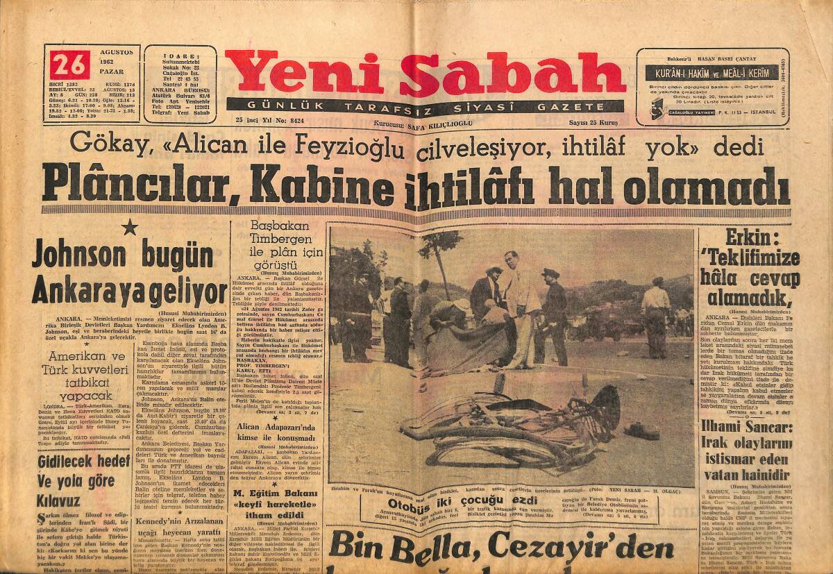 Yeni Sabah Gazetesi 26 Ağustos 1962 - Bin Bella , Cezayir'den Kaçmağa Hazırlanıyor - Johnson Bugün Ankara'ya Geliyor GZ148409 - 1