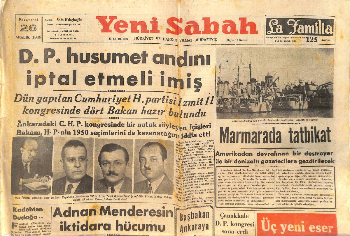 Yeni Sabah Gazetesi 26 Aralık 1949 - Adnan Menderes'in İktidara Hücumu - Barışa Hasret Müslüman Şehir: Kudüs GZ146802 - 1
