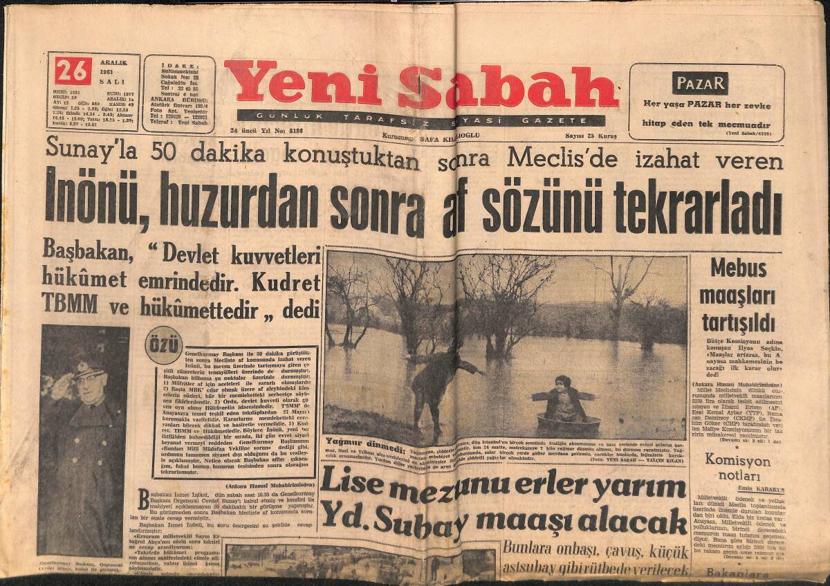 Yeni Sabah Gazetesi 26 Aralık 1961 - Yunan Römorkörünün Kaptanı Ehliyetsizmiş - Mebus Maaşları Tartışıldı GZ148399 - 1