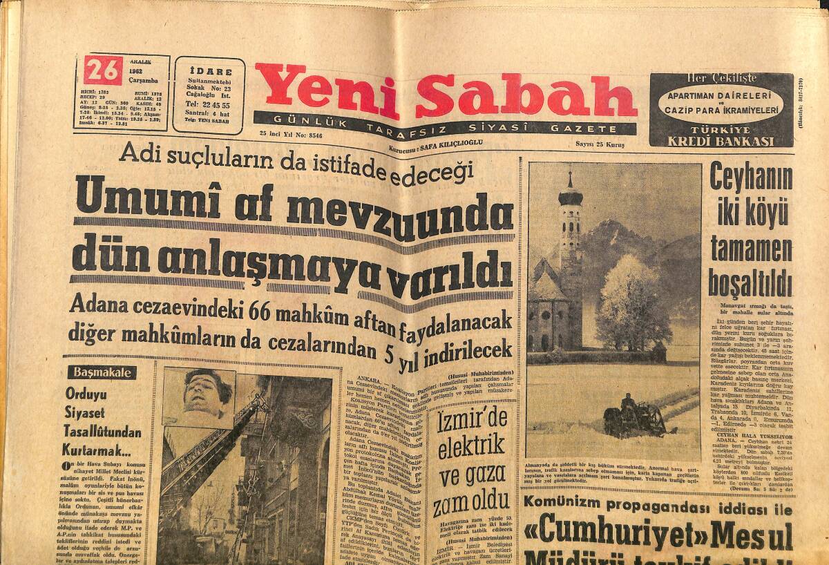 Yeni Sabah Gazetesi 26 Aralık 1962 - Metin Oktay Takım Arkadaşları İle - Ceyhan'ın İki Köyü Tamamen Boşaltıldı GZ148258 - 1