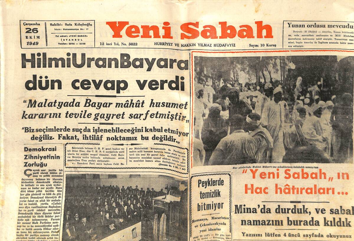 Yeni Sabah Gazetesi 26 Ekim 1949 - Ziya Gökalp İçin Tören Yapıldı - Hilmi Uran, Bayar'a Cevap Verdi GZ141255 - 1