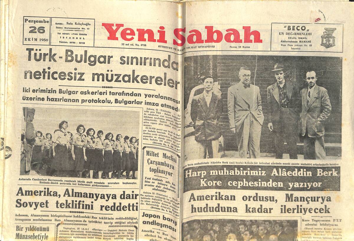 Yeni Sabah Gazetesi 26 Ekim 1950 - Amerika, Almanya'ya Dair Sovyet Teklifini Reddetti - Süreyya Paşa'nın Yeni Bir Bağışı GZ141847 - 1