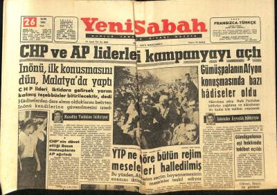 Yeni Sabah Gazetesi 26 Eylül 1961 - CHP Ve AP Liderleri Kampanyayı Açtı - YTPne Göre Bütün Rejim Meseleleri Halledilmiş GZ124086 - 1